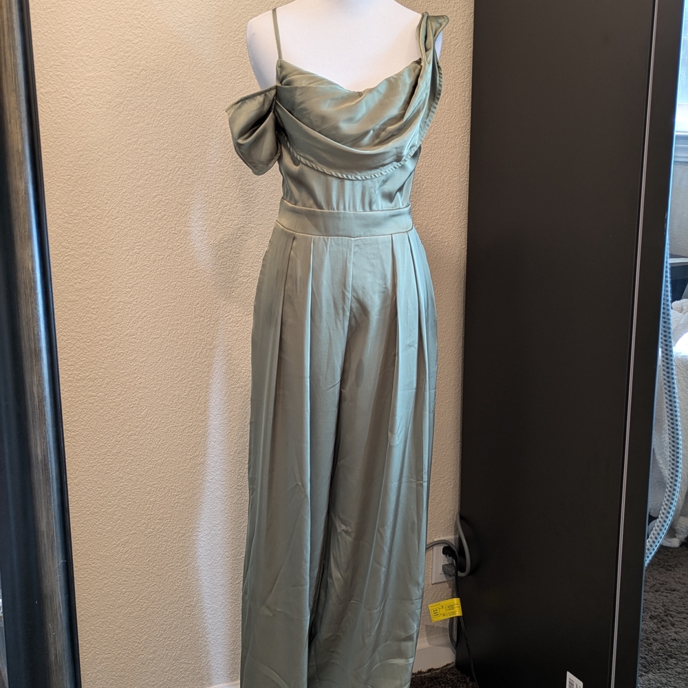 Cider Sage Satin Off-Shoulder Jumpsuit | XS | Draped Neck Wide-Leg | NWT